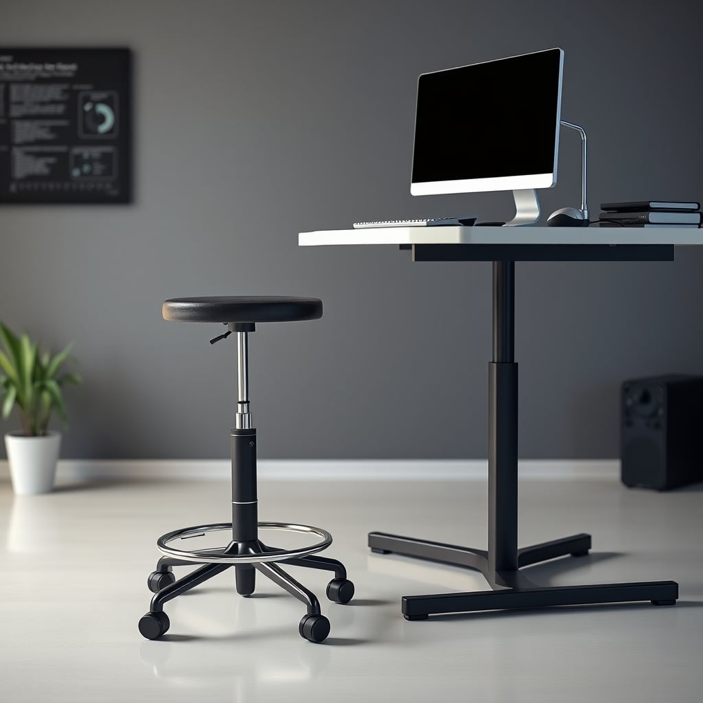 A simple, minimalist height-adjustable stool positioned at a standing desk