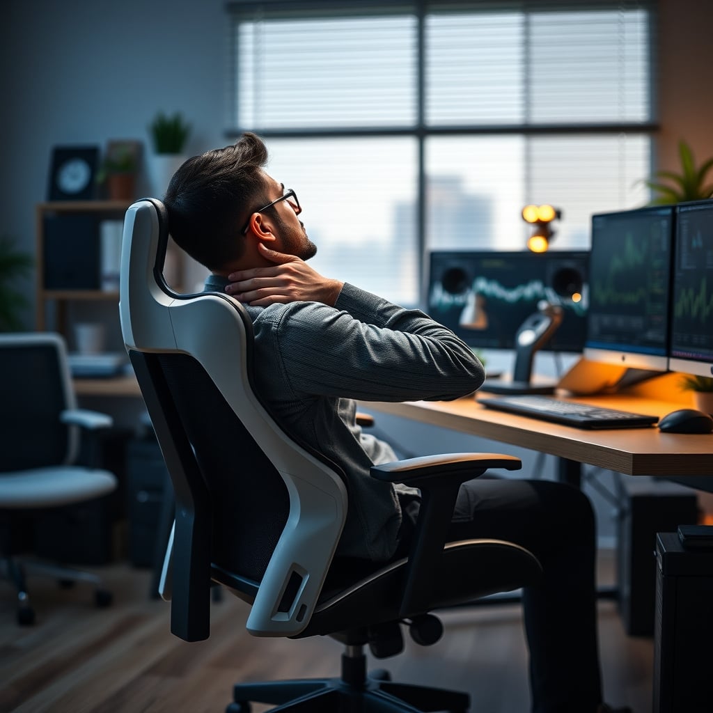 Person looking pained and uncomfortable while sitting in a high-end ergonomic office chair