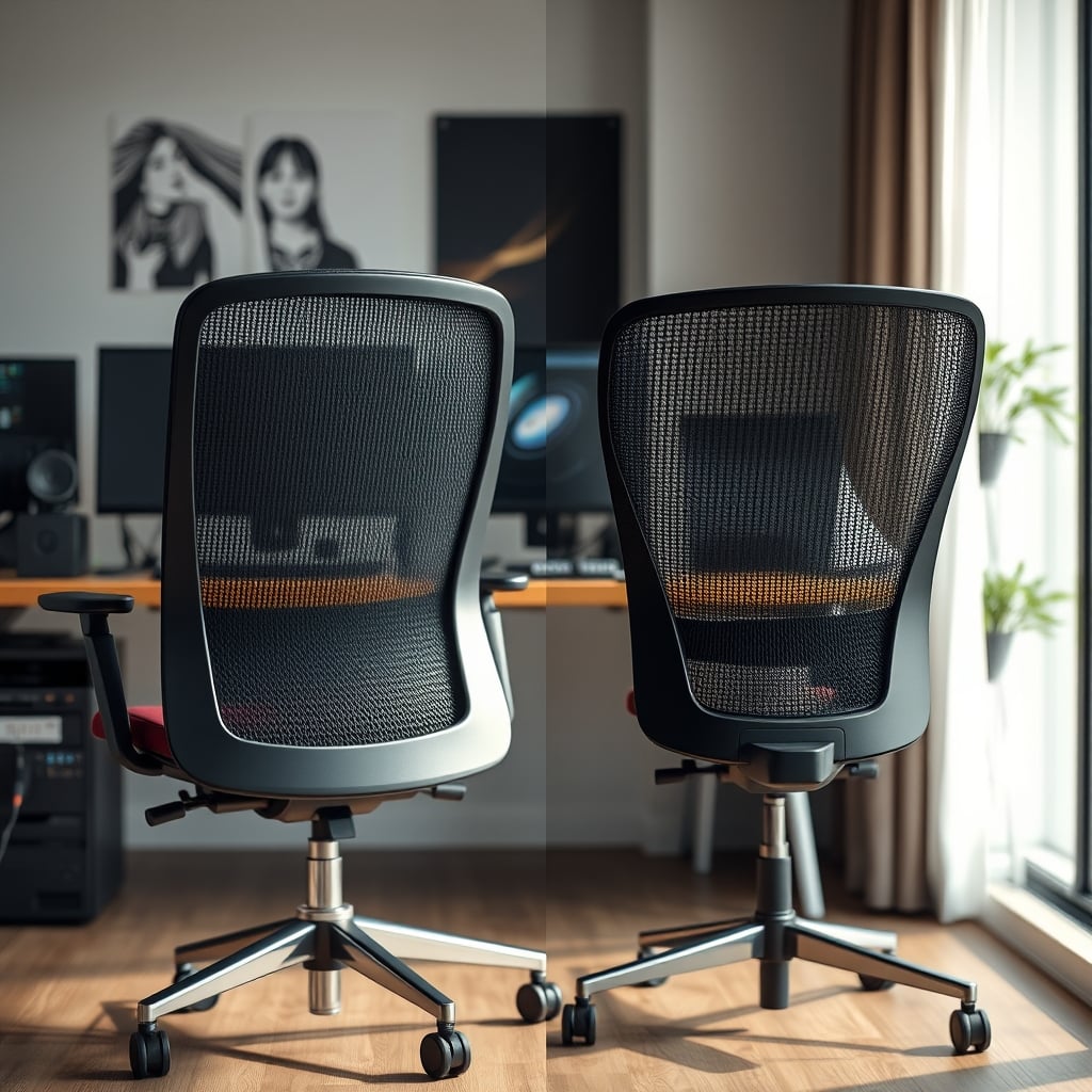 Close-up photo showing the stark difference between a sagging, loose chair mesh and a taut, properly tensioned one.