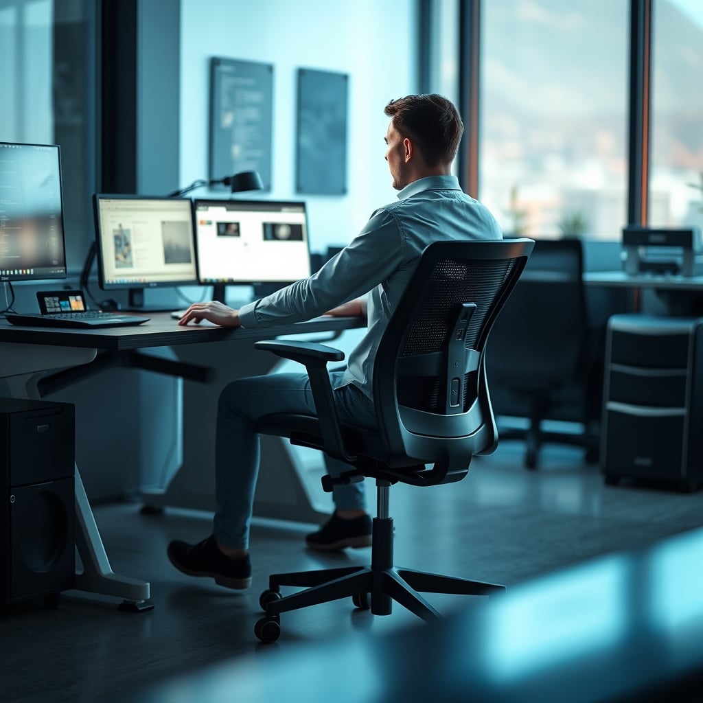 Person's hand pressing on the hard front edge of a mesh chair seat, highlighting the pressure point.