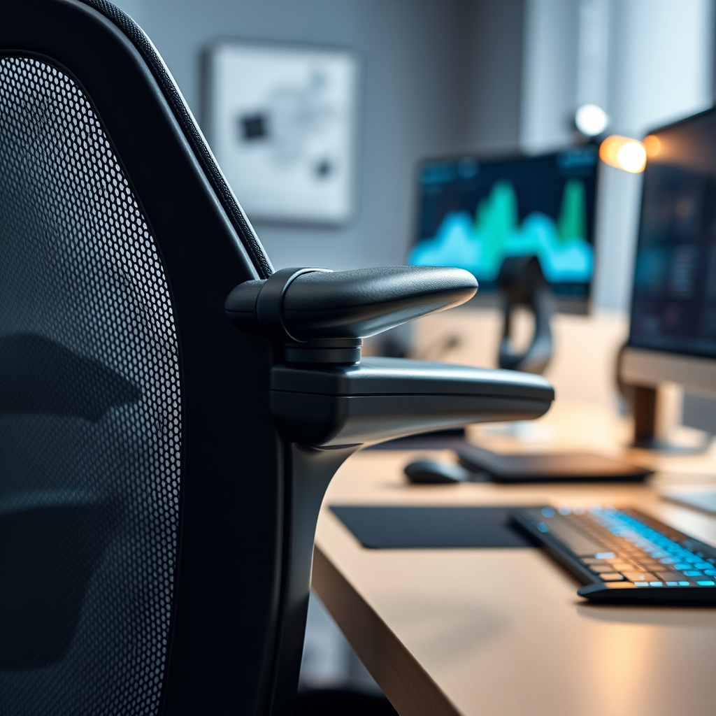 A close-up of a properly adjusted ergonomic chair armrest supporting a user's forearm at a 90-degree angle.