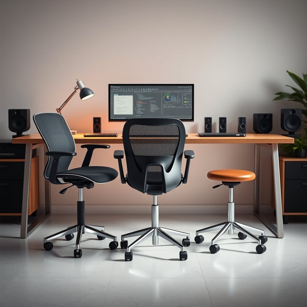 A clean desk with a traditional chair, a kneeling stool, and a saddle stool nearby, showing a rotation.