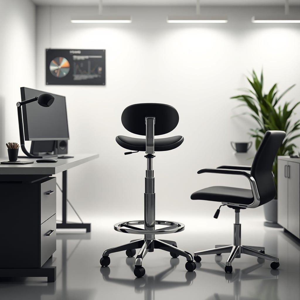 A black PU leather saddle stool on wheels, isolated on white.