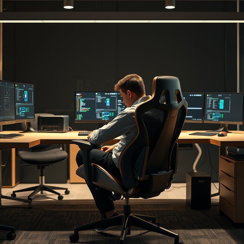 A person frowning while sitting in a high-tech ergonomic chair, illustrating discomfort despite the chair's complex adjustments