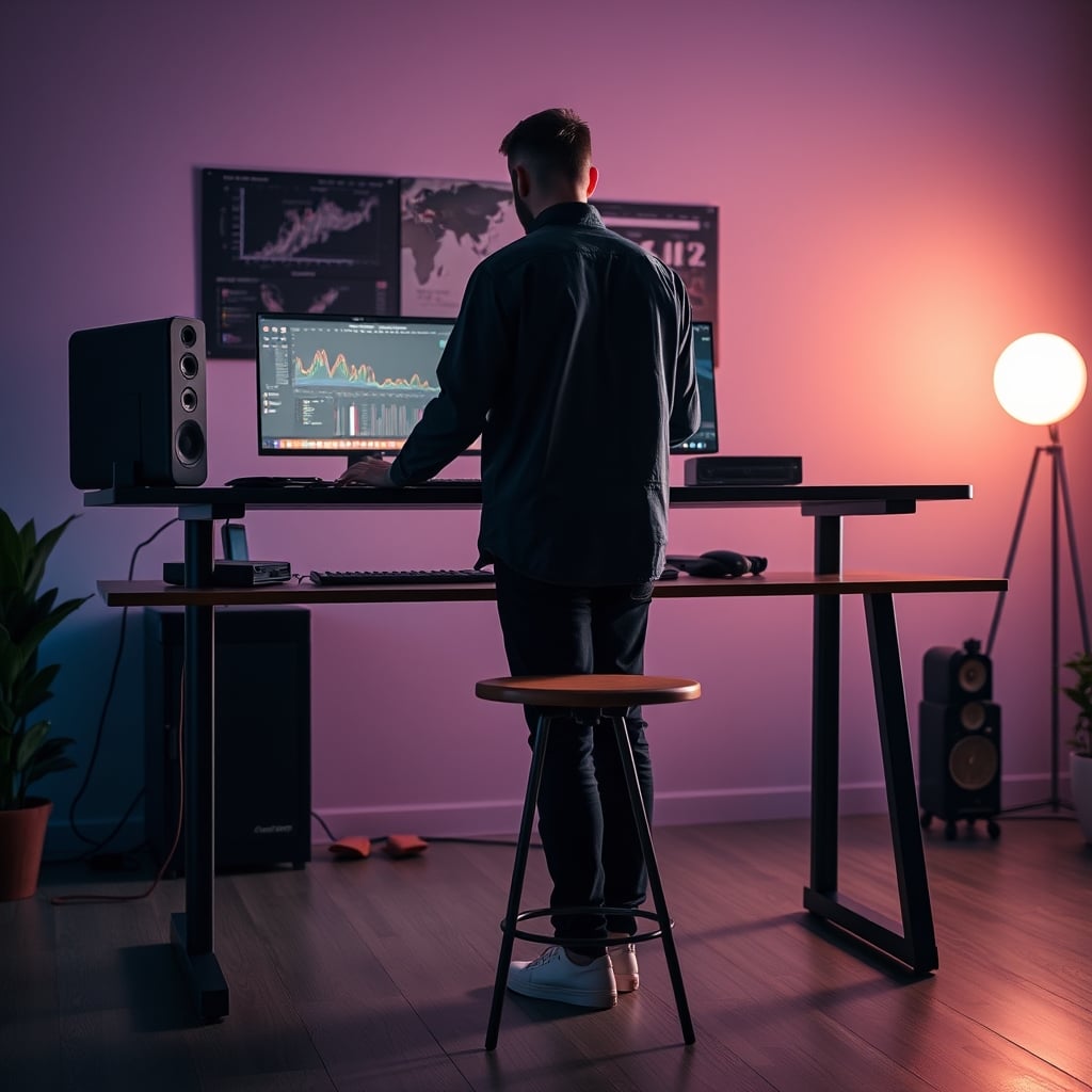 A person working happily at a standing desk with a simple, backless stool nearby for occasional sitting