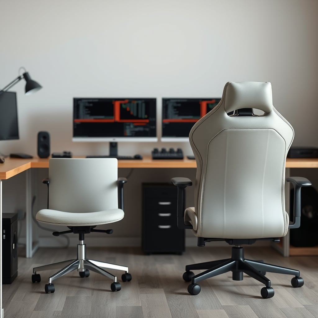 A simple, basic office chair contrasted with a complex, high-end ergonomic chair with numerous dials and levers