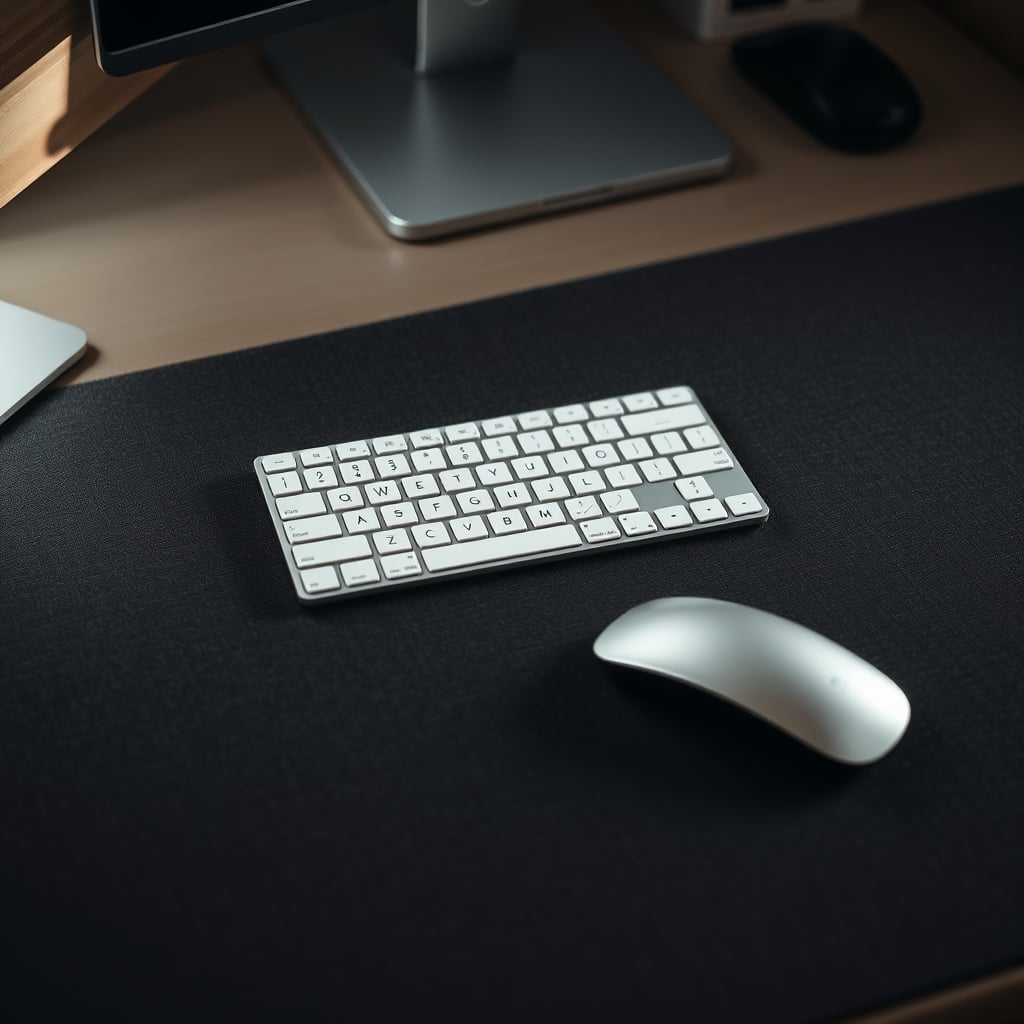 A minimalist, textured dark grey desk pad in a clean, focused workspace setup.