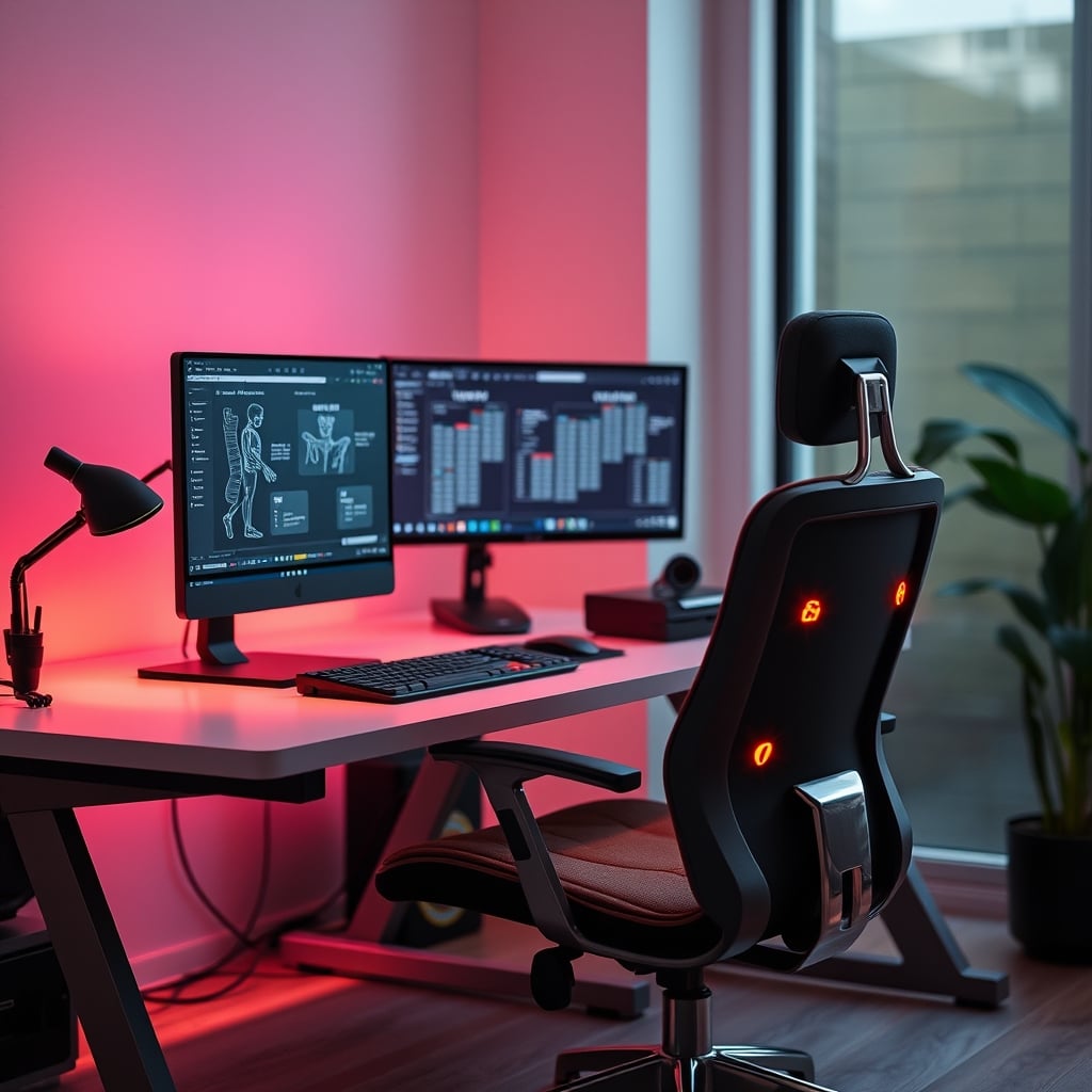 Diagram showing correct sitting posture with desk, chair, and keyboard height alignment