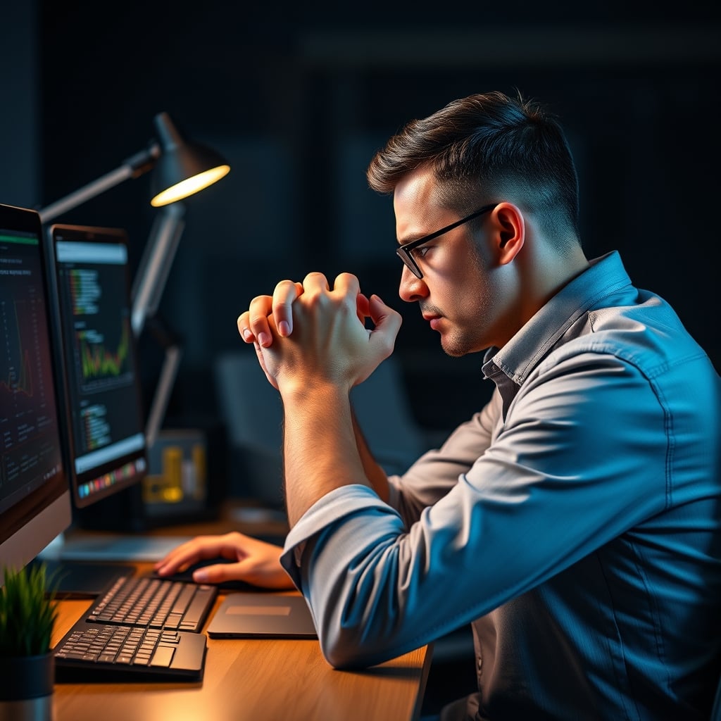 Person at desk showing signs of wrist discomfort and frustration