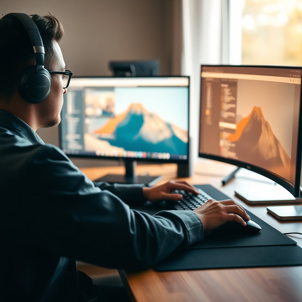 Person at desk with split keyboard forcing an extreme mouse reach