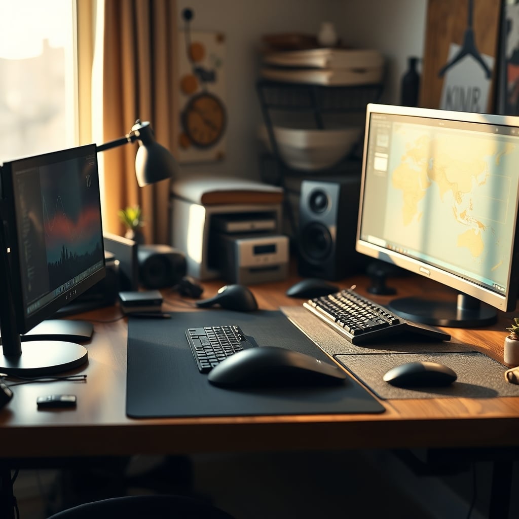 An overcorrected desk cluttered with conflicting ergonomic devices