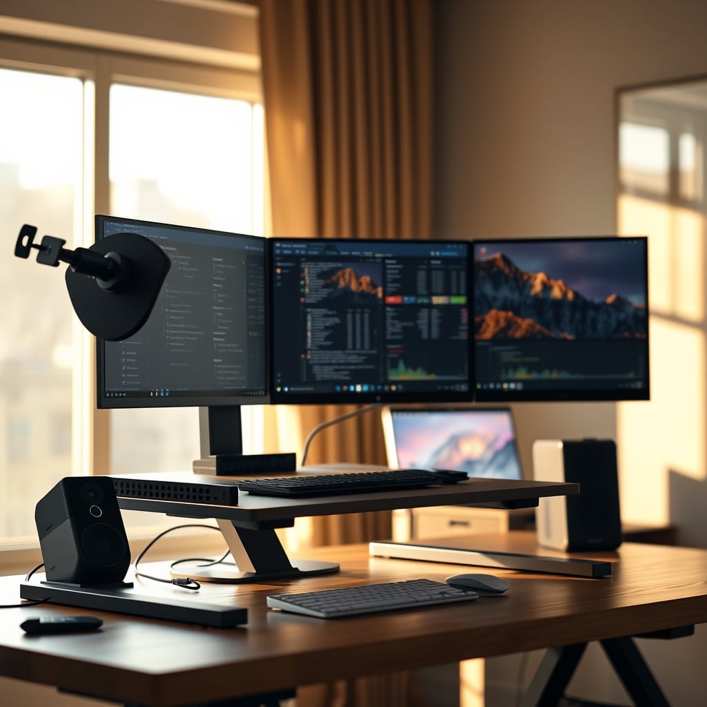 A crowded, unstable standing desk converter perched on a regular desk.