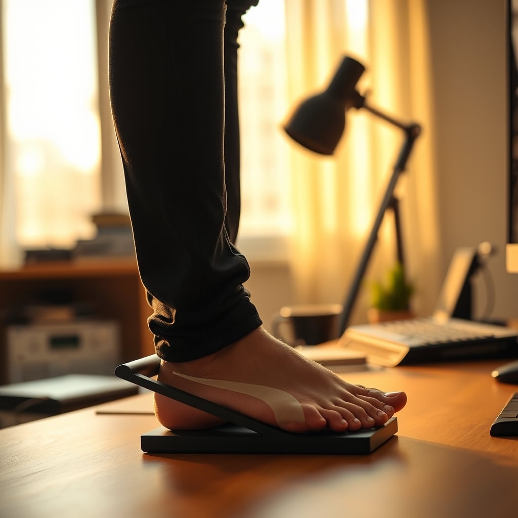 Close-up of a foot resting on a simple box footrest under a standing desk.