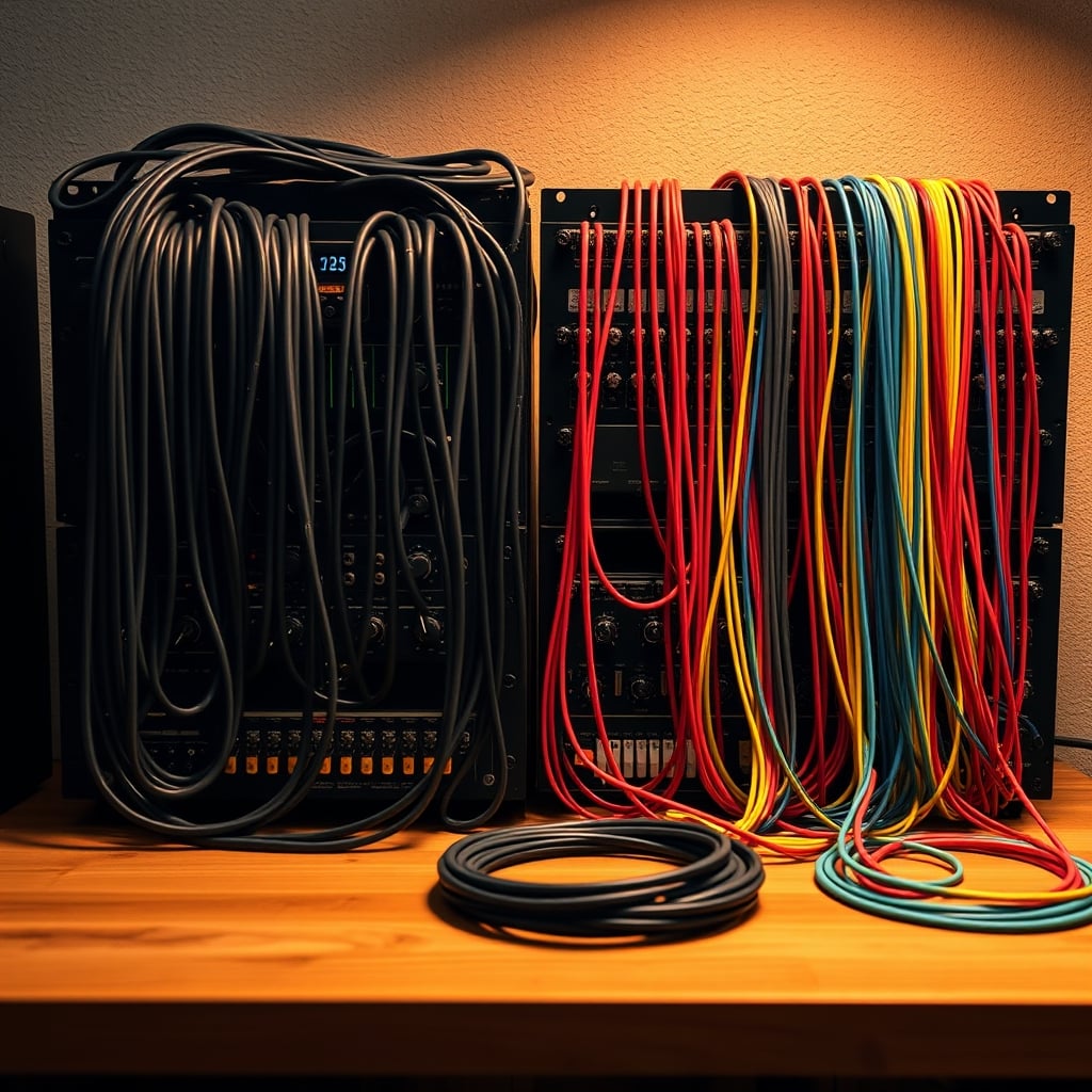 Comparison image: a professional studio equipment rack with simple, standardized black cables, versus a home audiophile rack with colorful, thick, expensive cables.