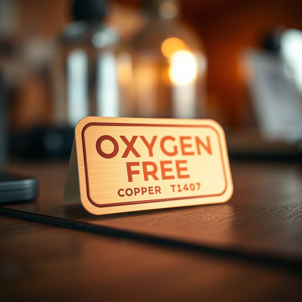 A macro close-up shot of a speaker wire label prominently featuring 'Oxygen Free Copper' text.