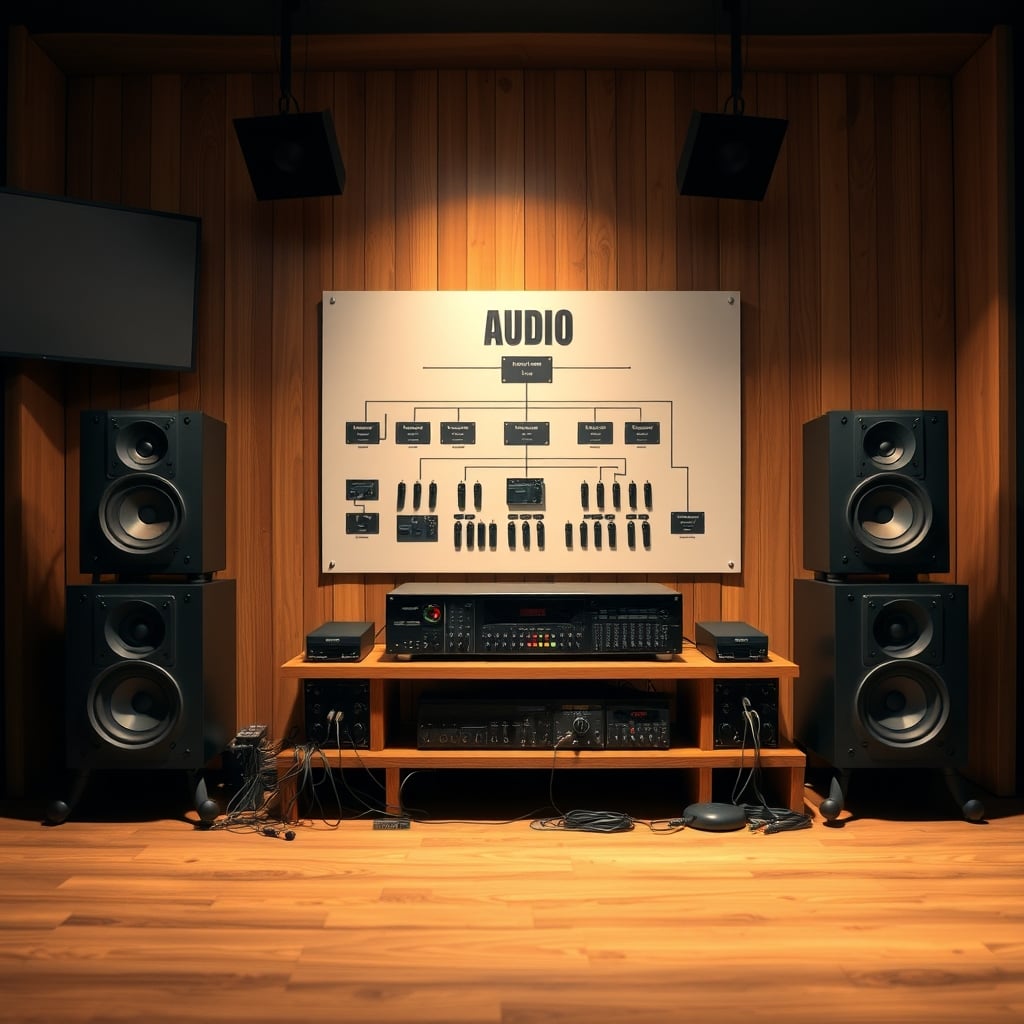 A simple, clear diagram showing the hierarchy of audio component impact: Speakers first, Room second, Amp third, Source fourth, Cables last.