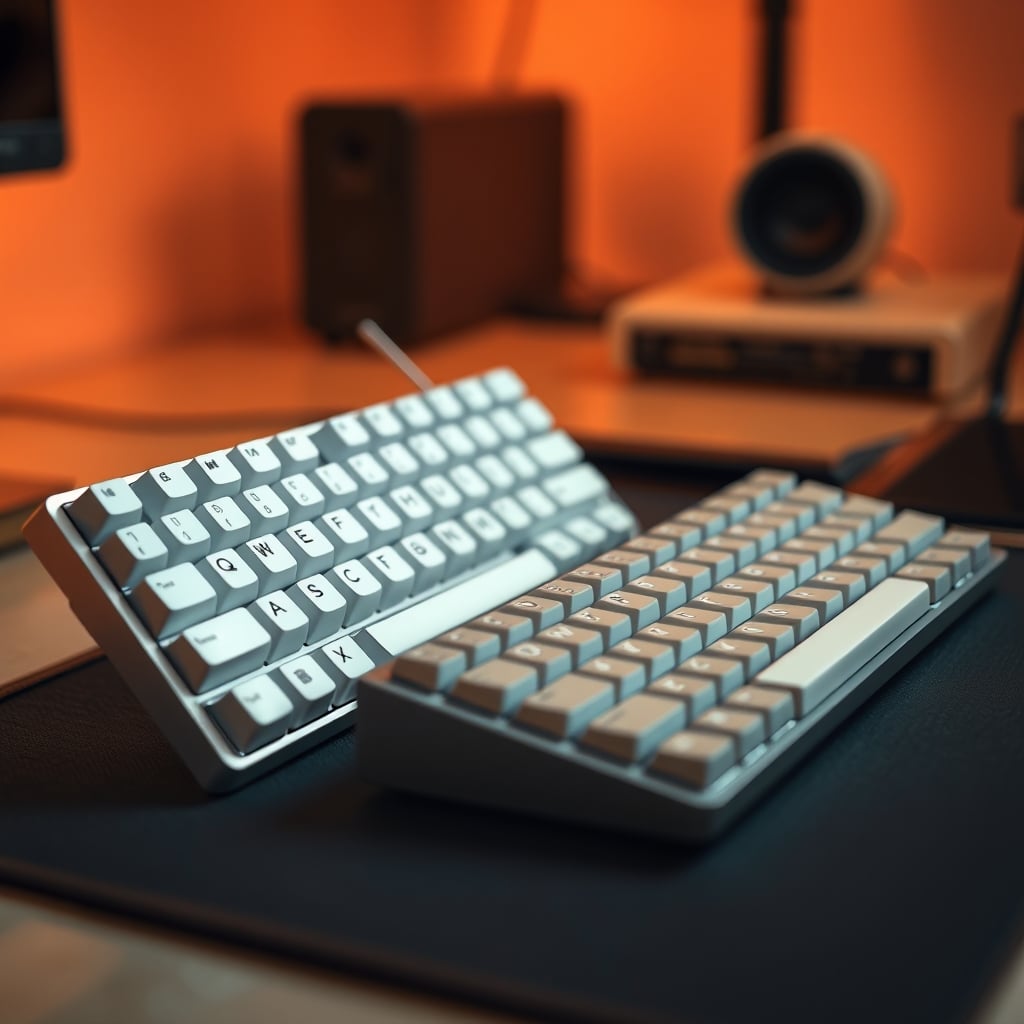 Shiny expensive aluminum keyboard next to a simple plastic keyboard