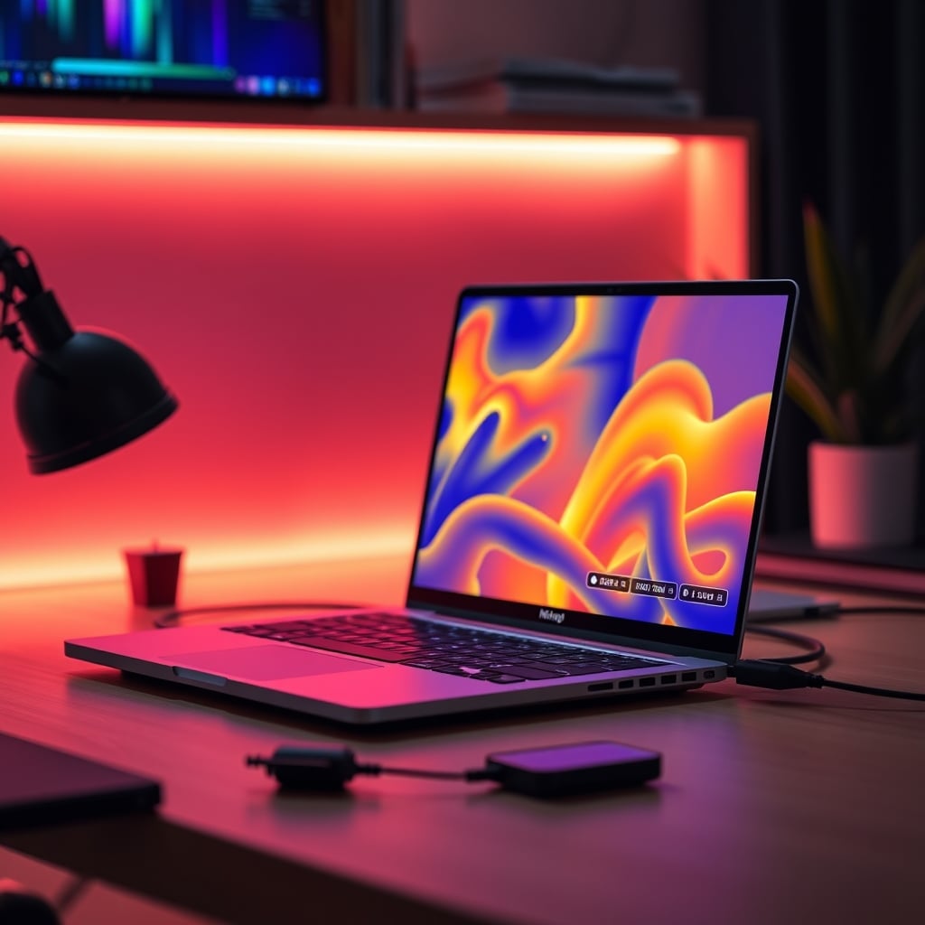 Thermal camera image showing a fake charger glowing bright orange with heat while connected to a laptop.