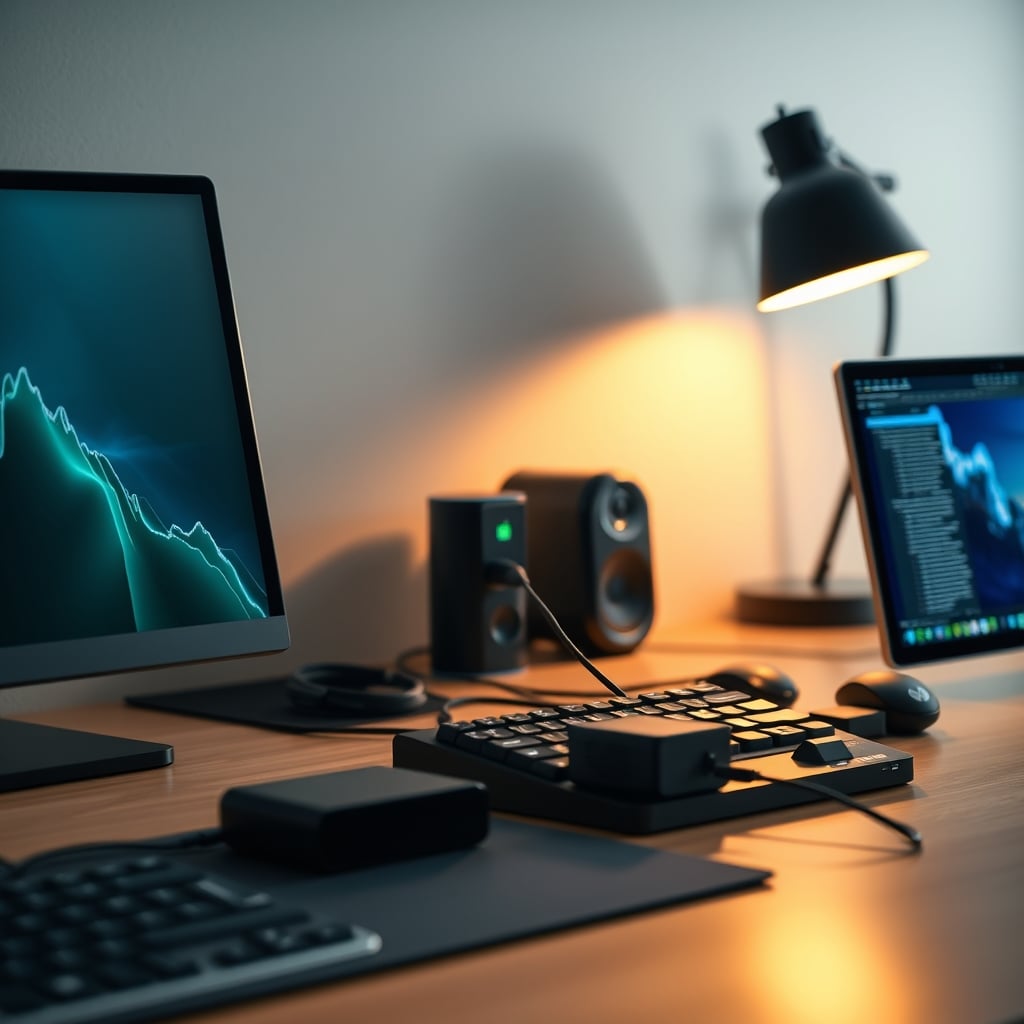 A minimalist desk with a laptop, monitor, and phone all powered by one compact, high-quality GaN charger.