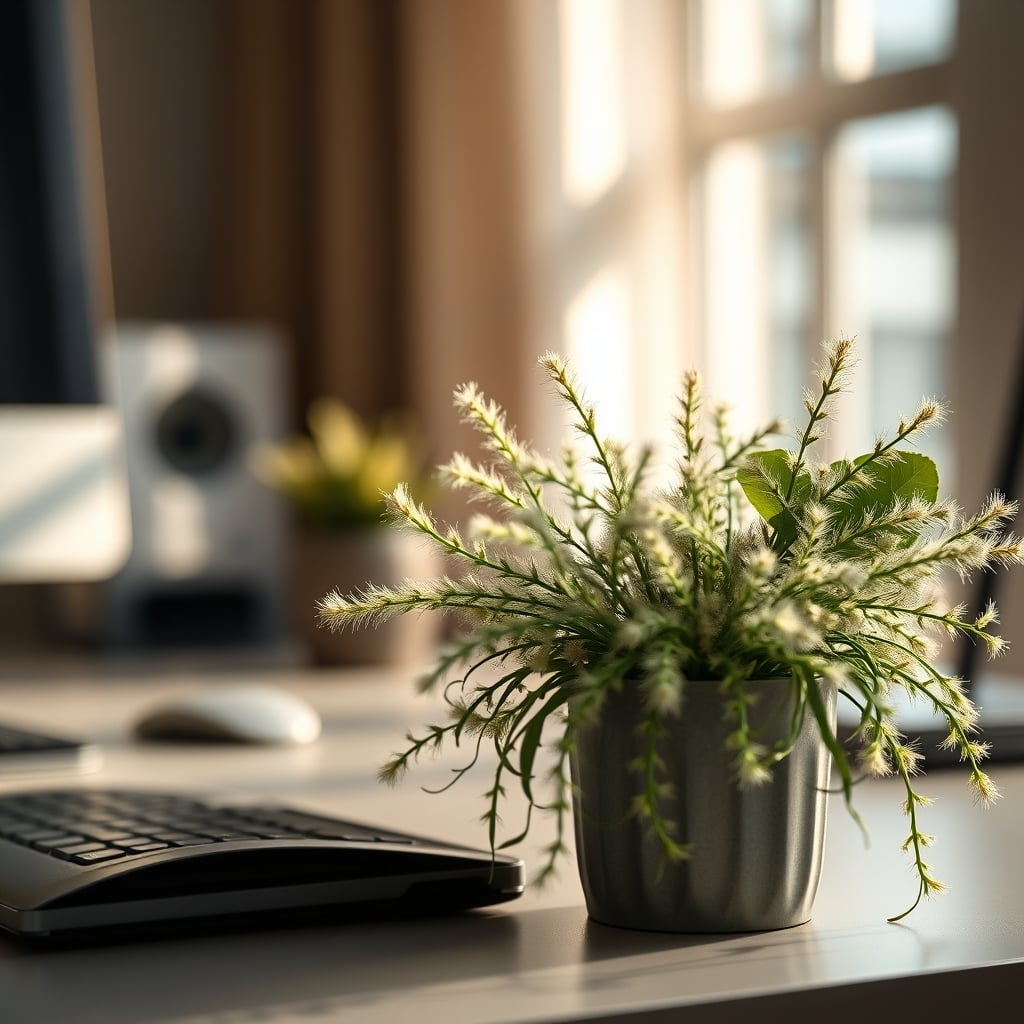 Close-up of a dusty, cheap fake plant leaf sitting on a minimalist desk, showing grime buildup.