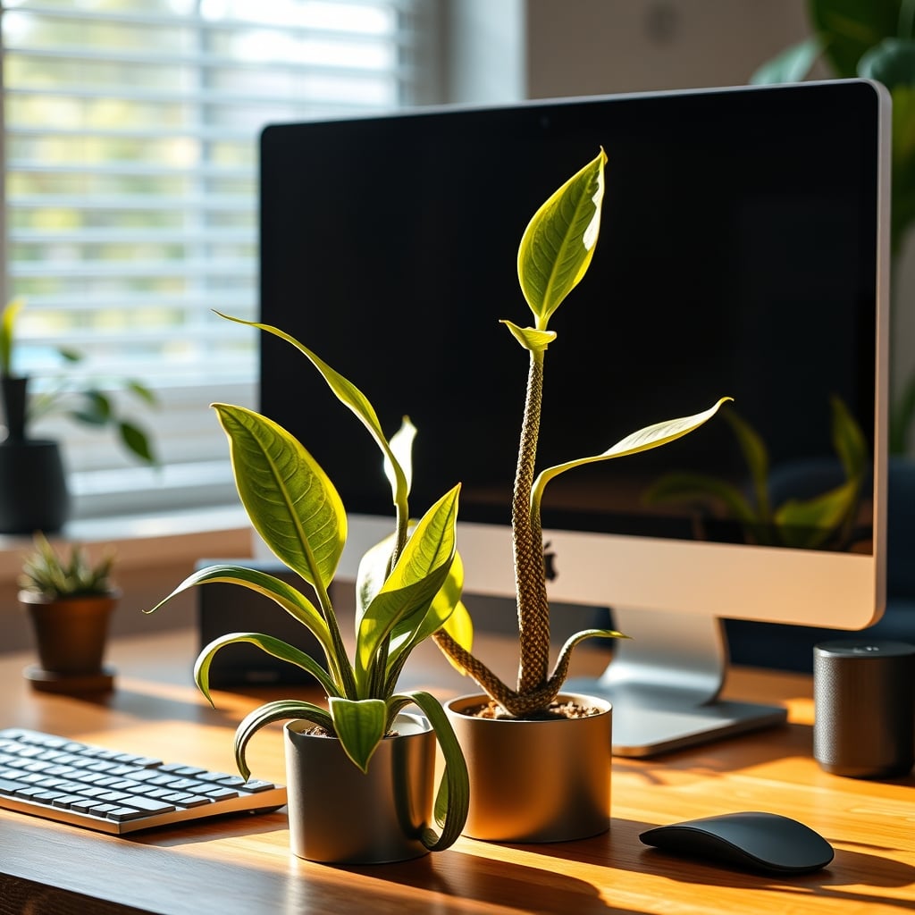 A vibrant, real snake plant in a simple pot next to a computer setup.