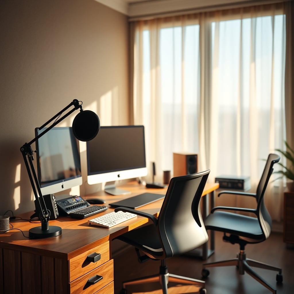 A genuine, high-performance creator workspace with acoustic panels, a good microphone, and no fake decorative items.