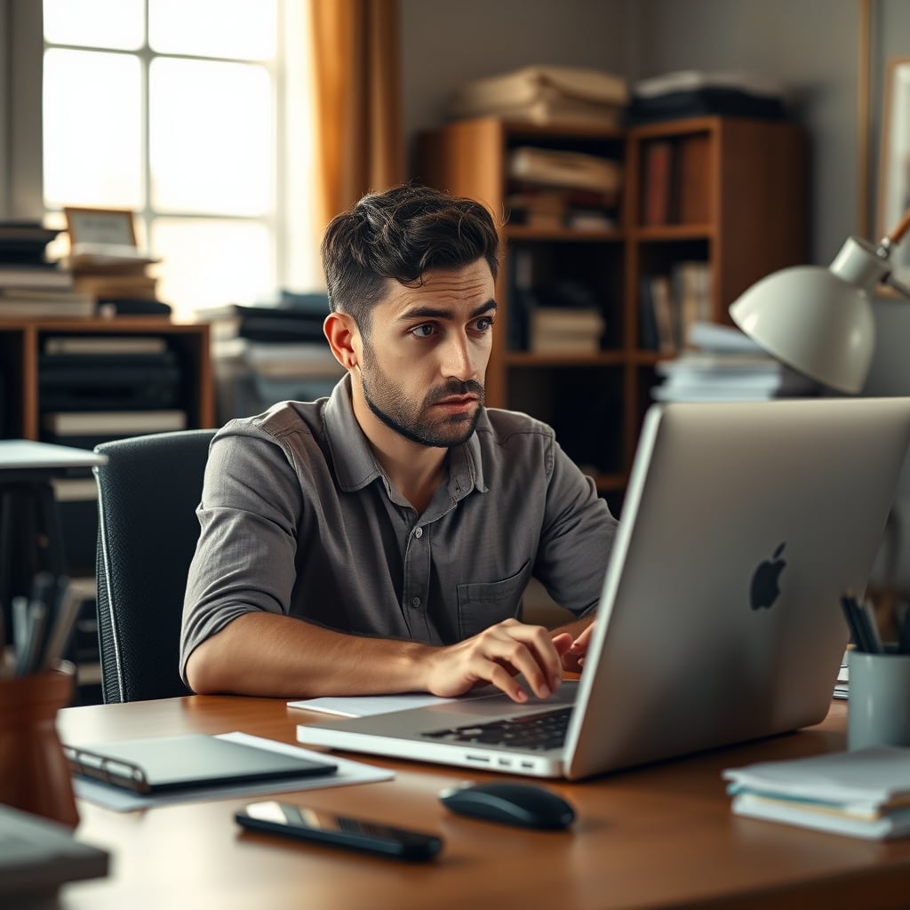 A creator looks frustrated and distracted at a cluttered desk featuring a fake MacBook among the chaos.