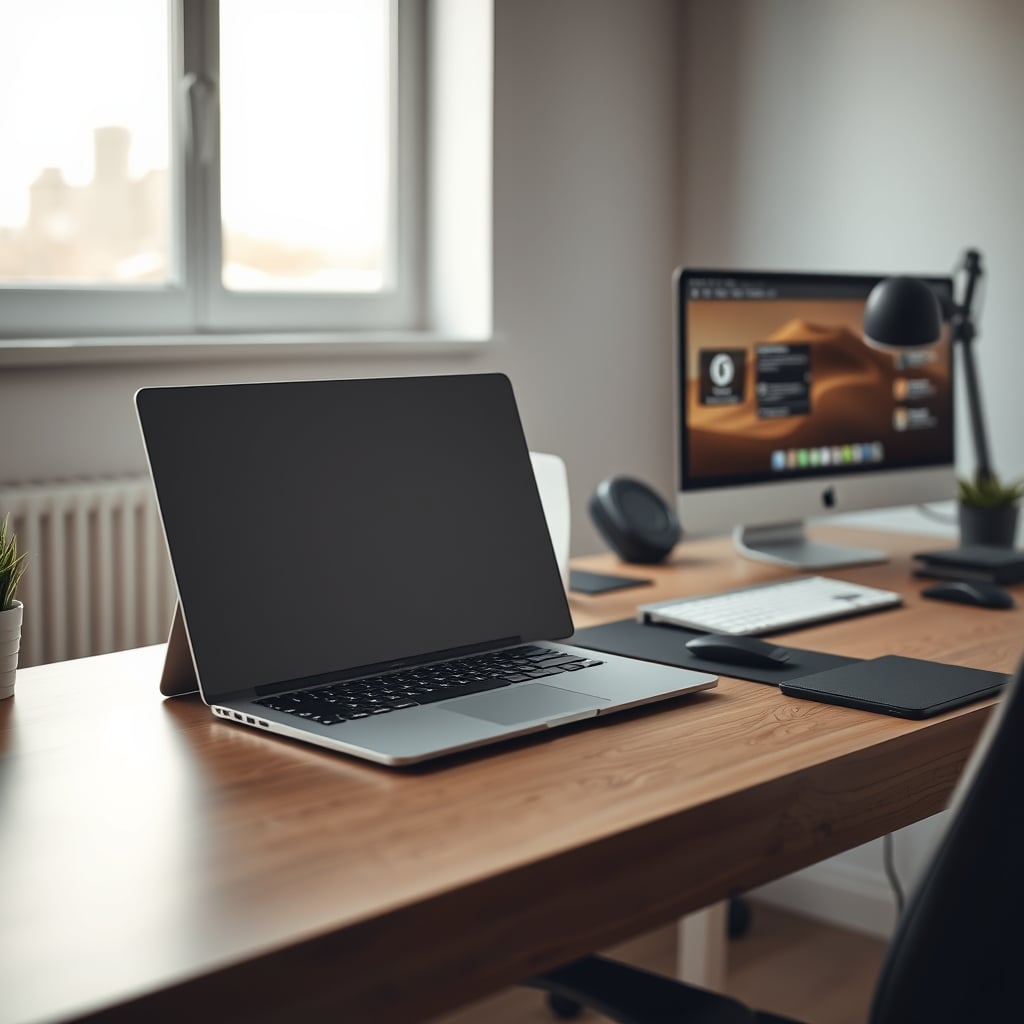 A fake, glossy MacBook shell sits uselessly next to a real, working creator setup with monitors and microphone.