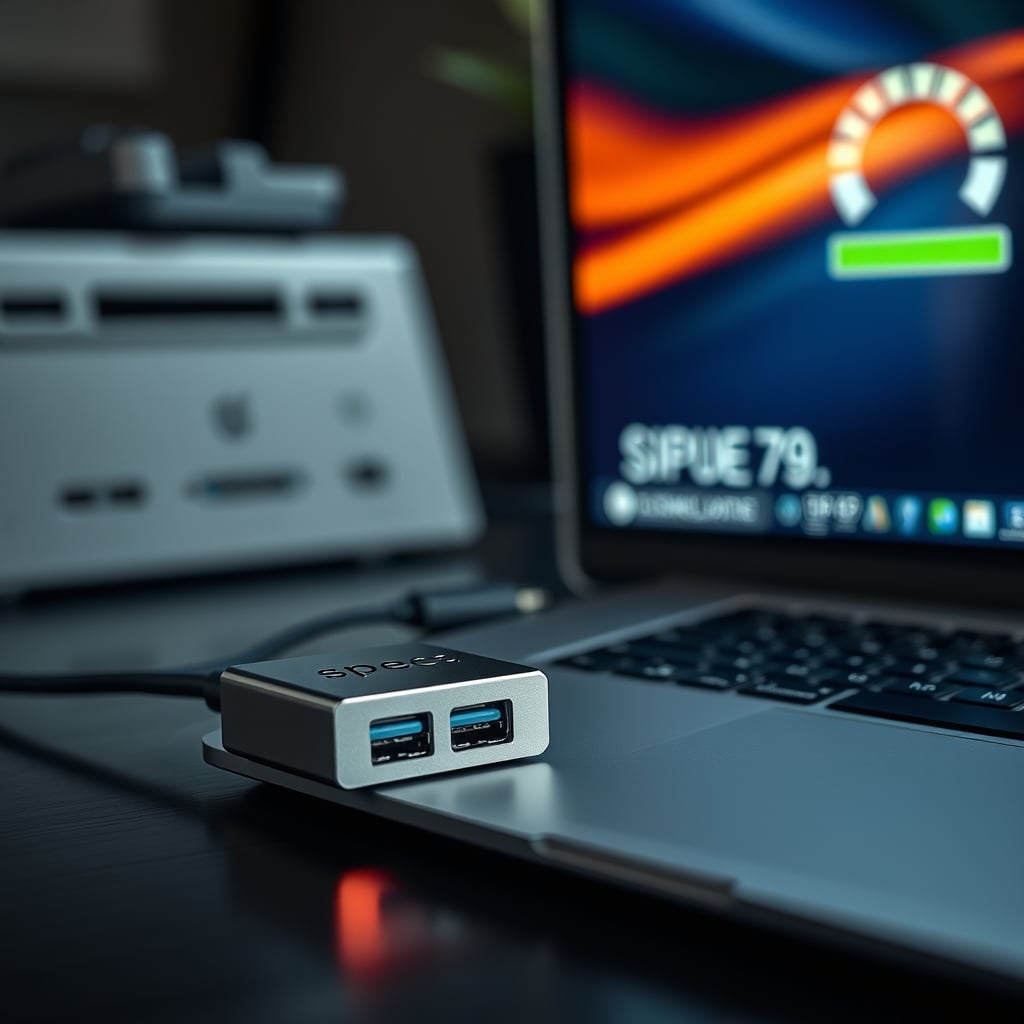 A deceptive USB hub with a glowing high-speed label sits next to a laptop showing a slow transfer speed.