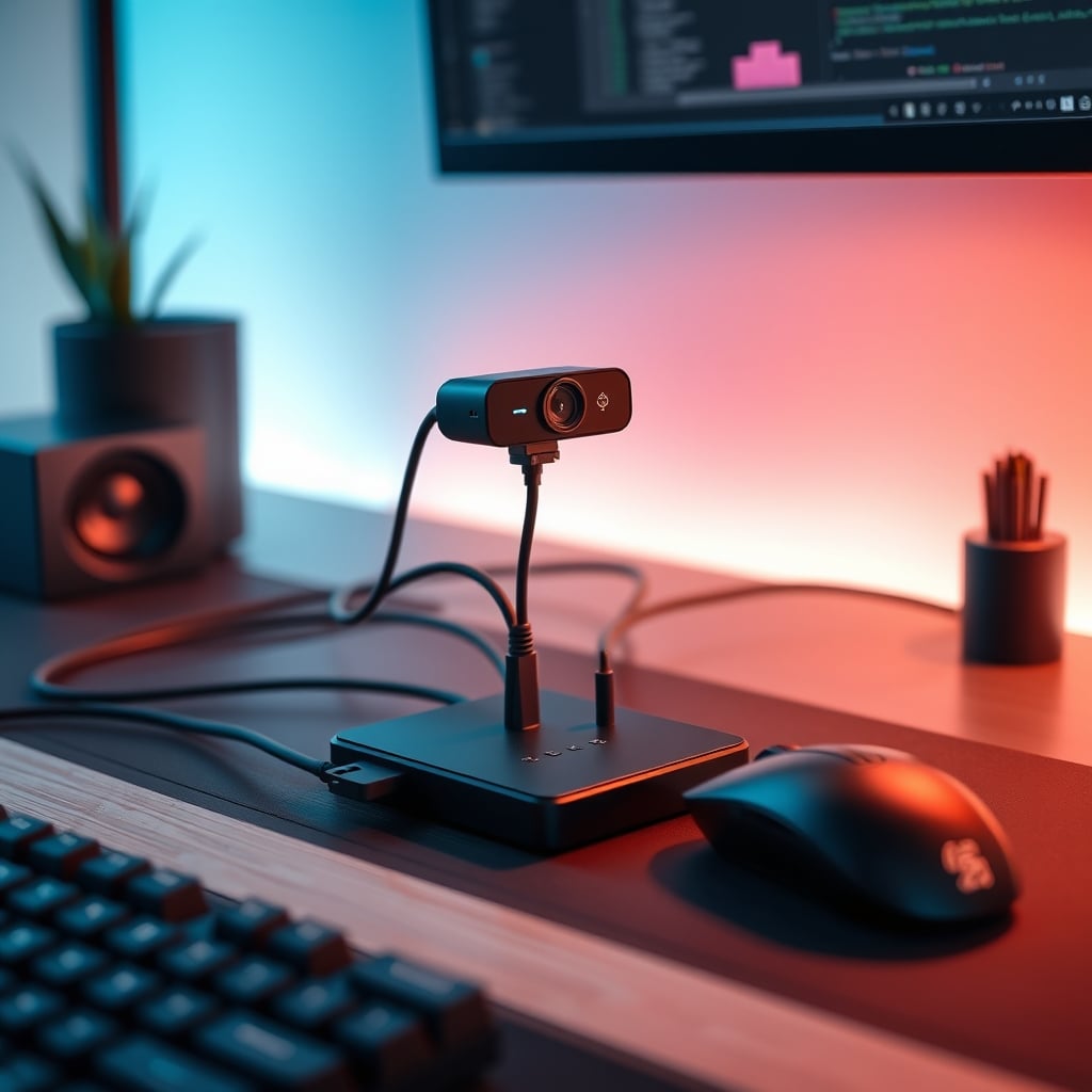 A tidy desk with a powered USB hub simplifying cable connections for basic peripherals.