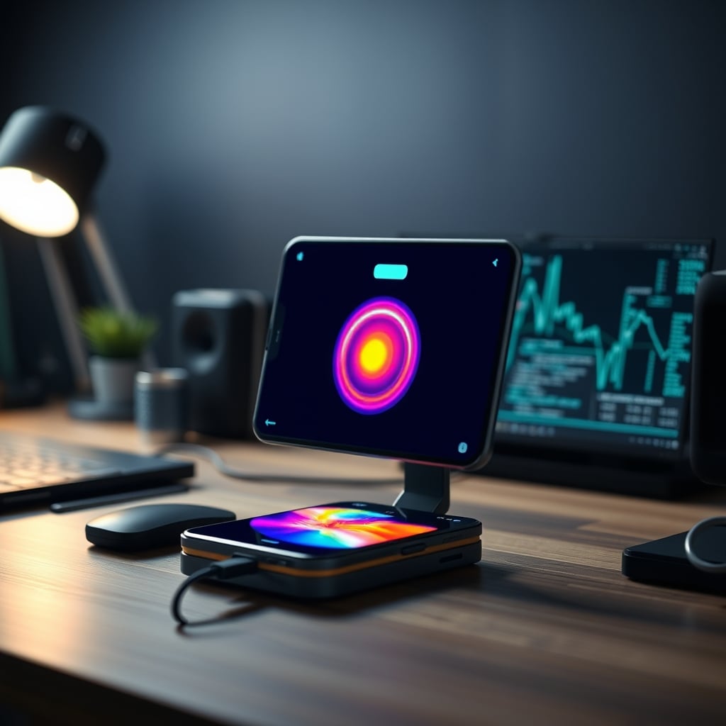 Thermal image overlay on a smartphone showing heat dissipation during fast charging