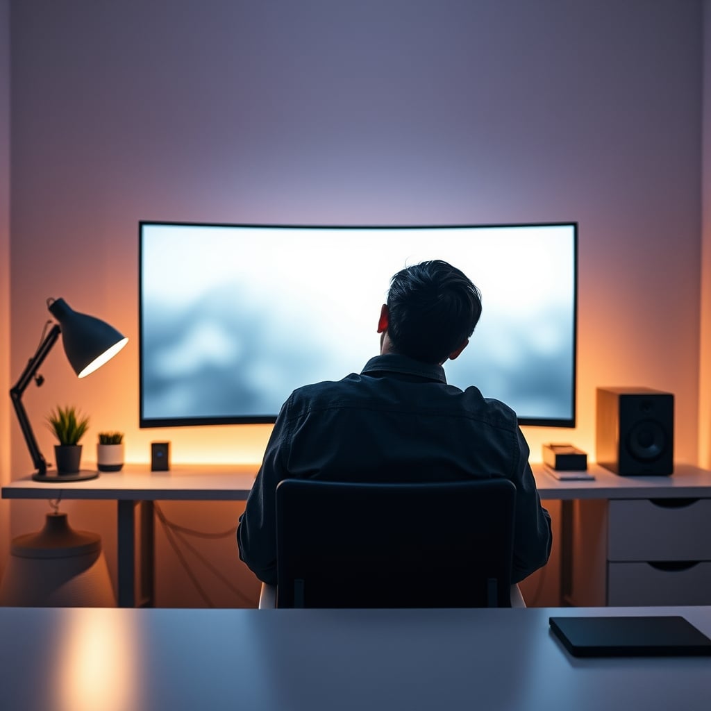 A person leaning awkwardly far back from their desk to view a large, blurry monitor, demonstrating impractical advice.