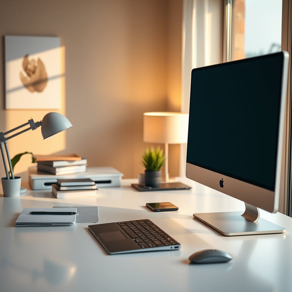 A clean, minimalist desk setup with a single monitor, notebook, and pen