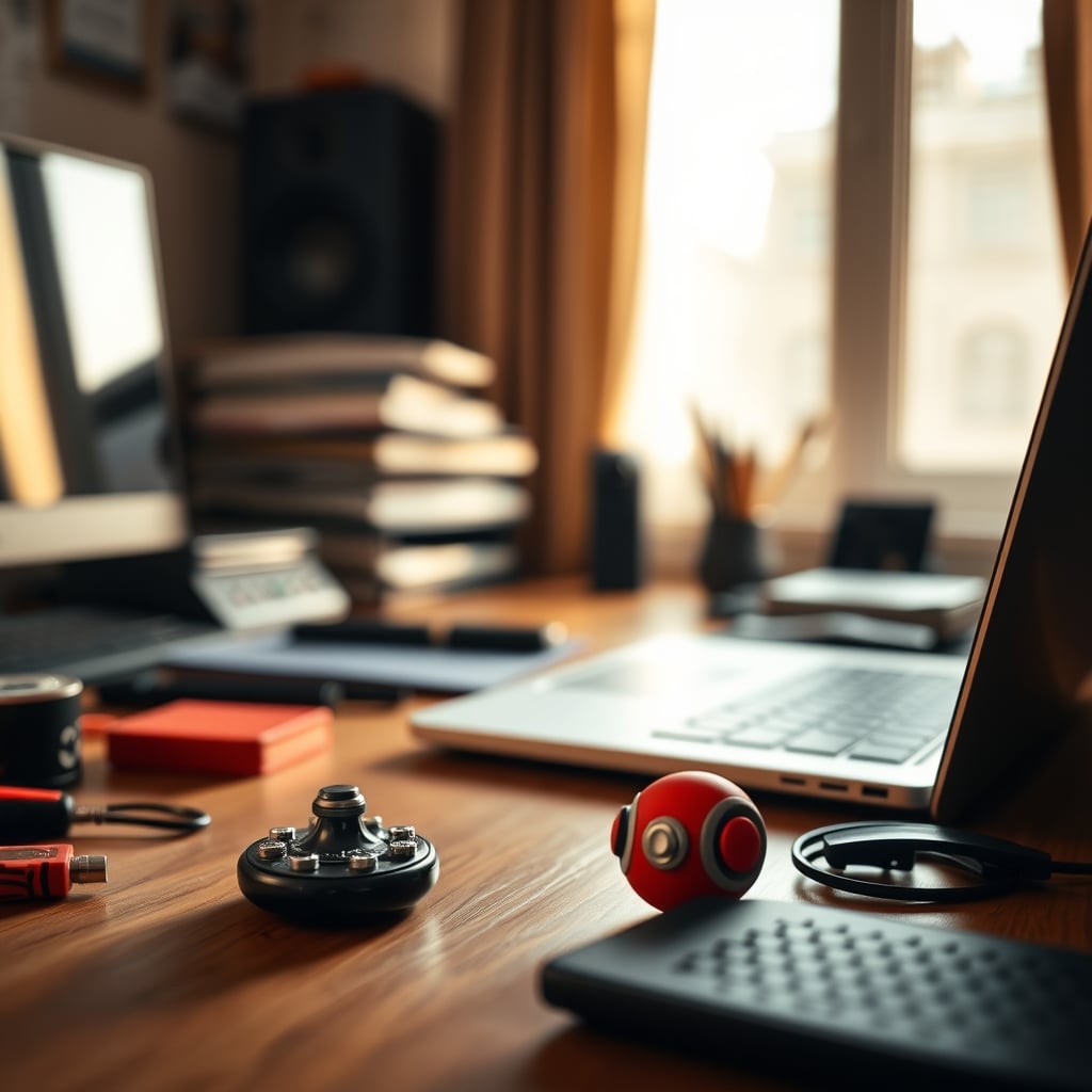 A fidget cube discarded on a cluttered desk next to an open laptop