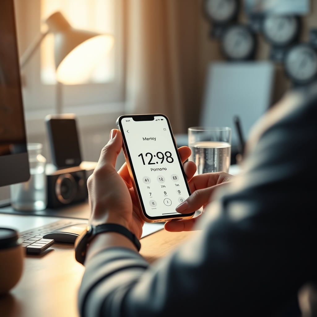 A person setting a timer on their phone and walking away from their desk for a break
