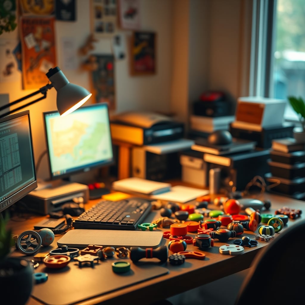A desk cluttered with numerous fidget toys, illustrating how they become visual and mental noise rather than focus aids.