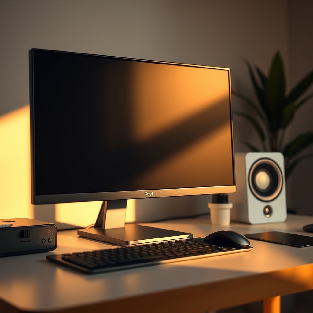 A clean, minimalist desk setup with a single monitor, notebook, and no distracting toys in sight.