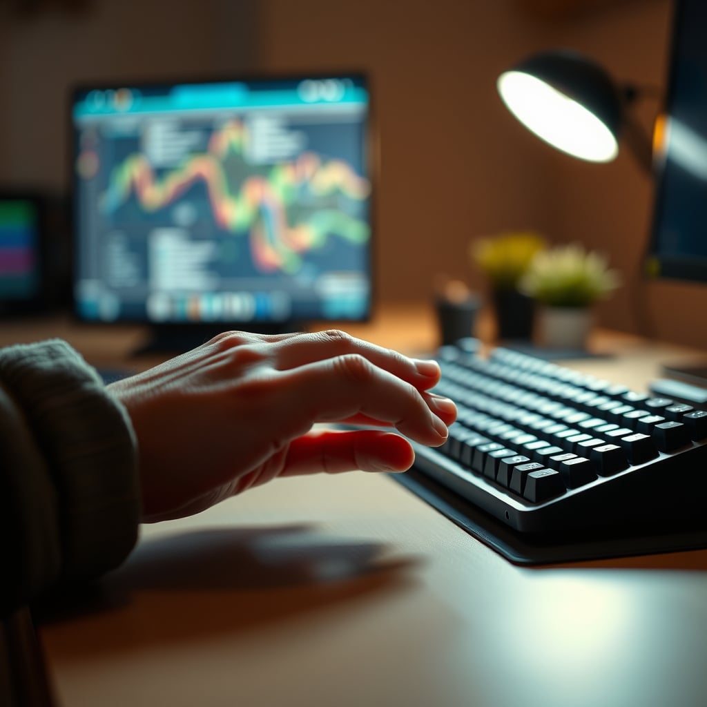A hand caught between a keyboard and a colorful fidget pad, representing divided attention.