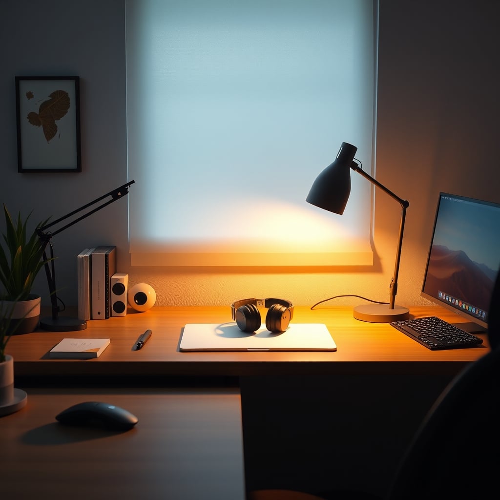 A clean, focused desk setup with quality lighting and headphones, no distracting toys.