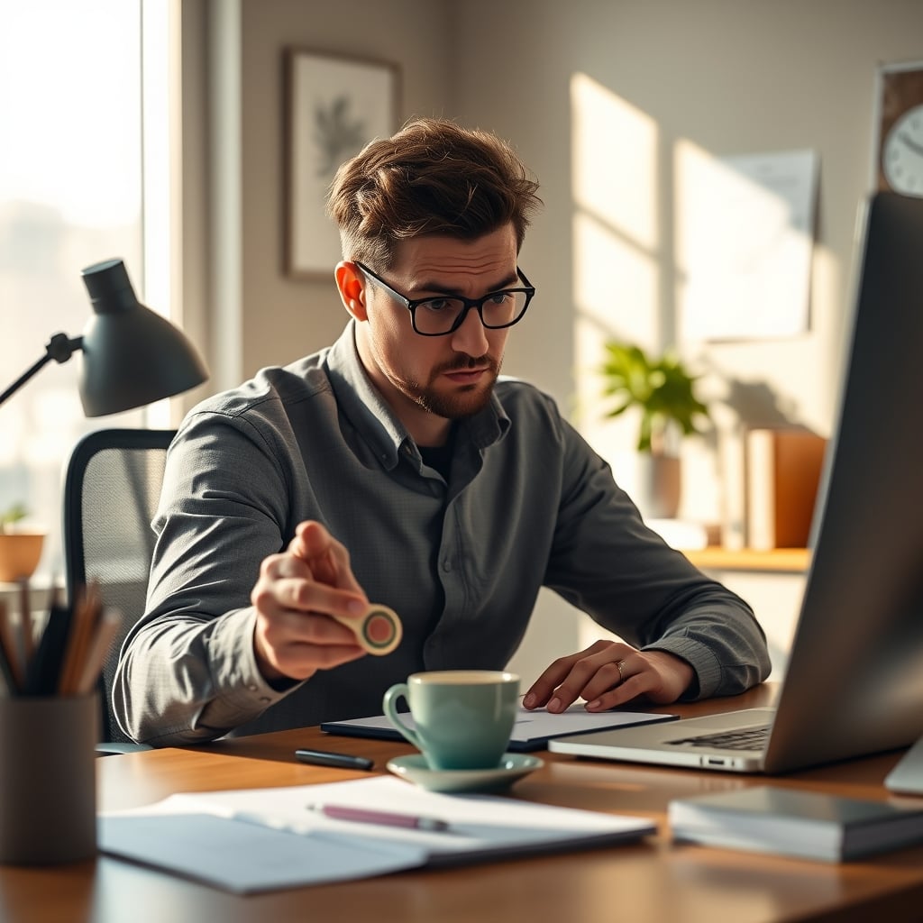 A person at a desk looking stressed, pushing a fidget spinner aside to stand up