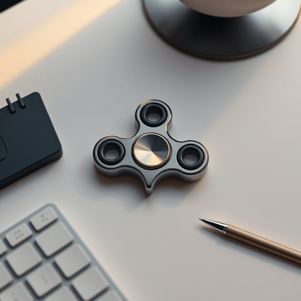 A lone, precision fidget spinner on an empty wooden desk, representing isolated distraction