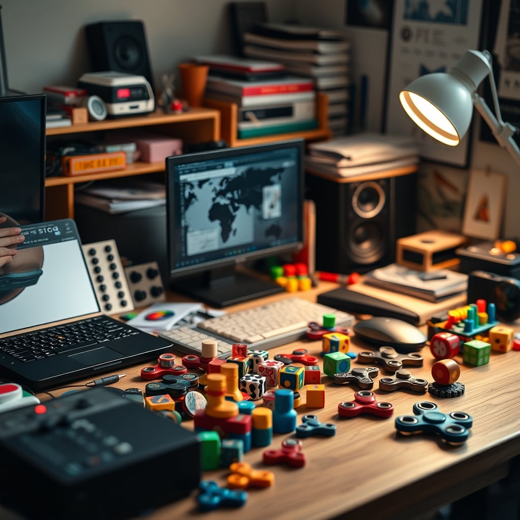A desk overwhelmed with colorful fidget toys, representing distraction clutter.