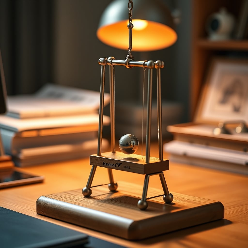A classic Newton's Cradle pendulum swinging on a wooden desk.