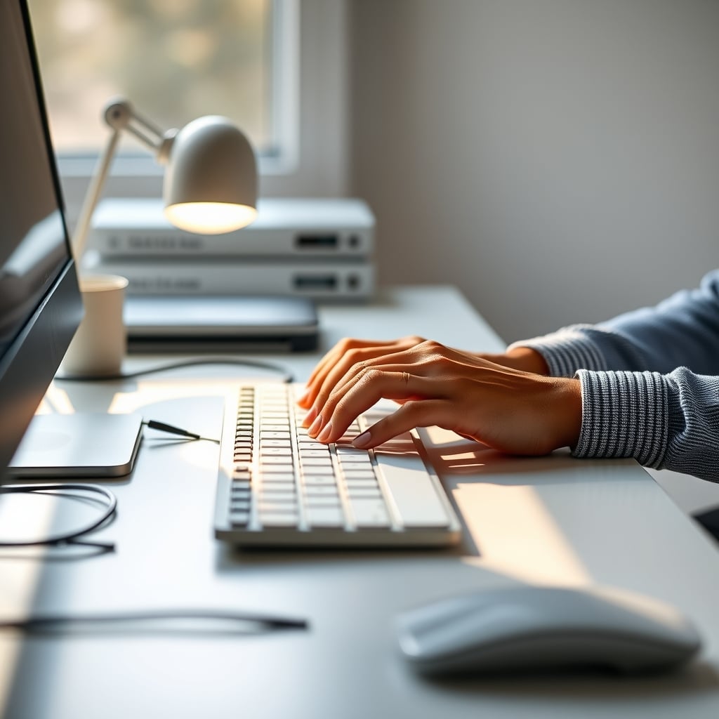 A person's hands typing on a keyboard on a completely clean, minimalist desk.