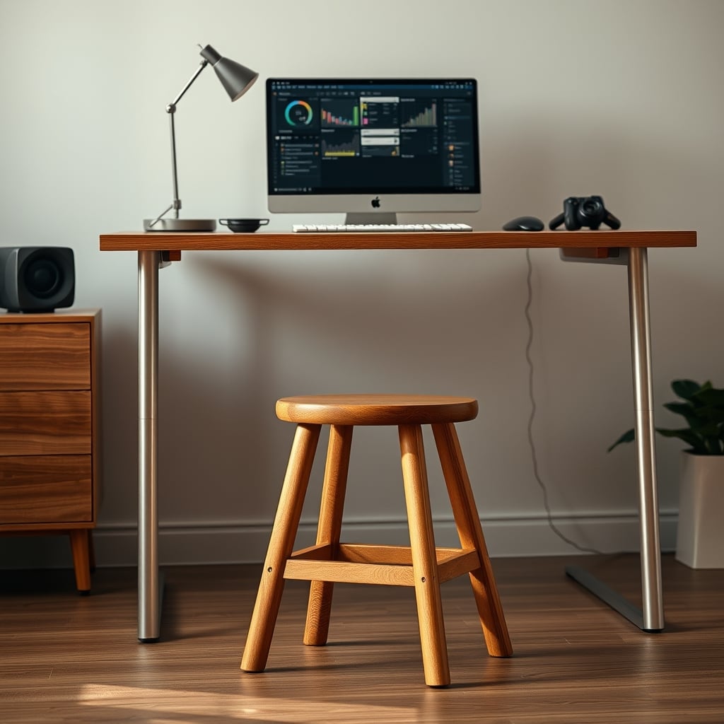 A simple, inexpensive wooden stool being used as a footrest under a standing desk