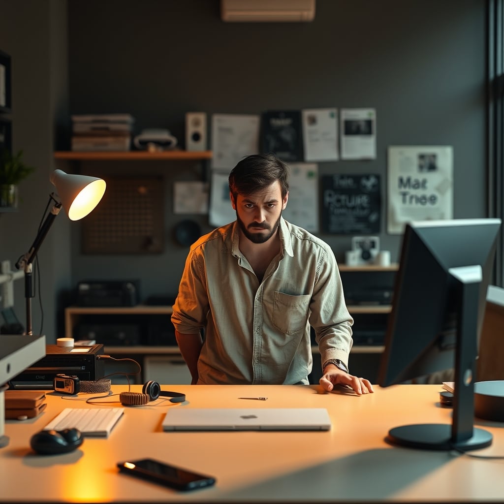 Frustrated person at a standing desk surrounded by overpriced, unused ergonomic gadgets