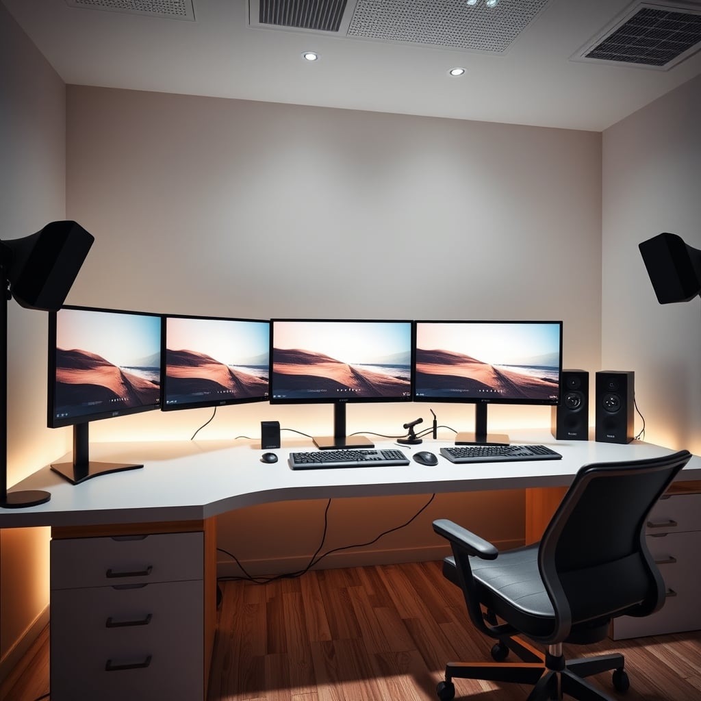 A professional video editing suite with multiple large, high-end flat panel reference monitors for color grading.