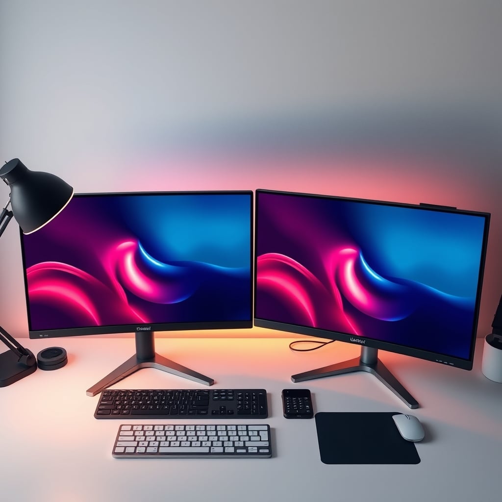 A top-down comparison of a flat monitor and a curved monitor on a desk, showing the straight lines on the flat screen versus the distorted edges on the curved one.