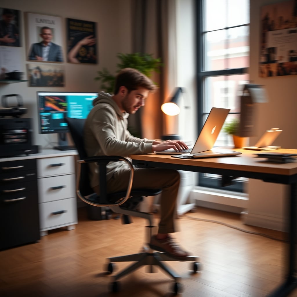 A person struggling to type on a laptop while sitting on an unstable chair, with motion blur indicating wobble.