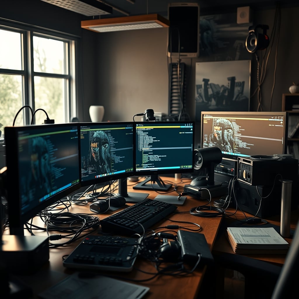 A chaotic, cluttered command center desk with three monitors, multiple gadgets, and tangled cables - an example of a focus-killing layout.